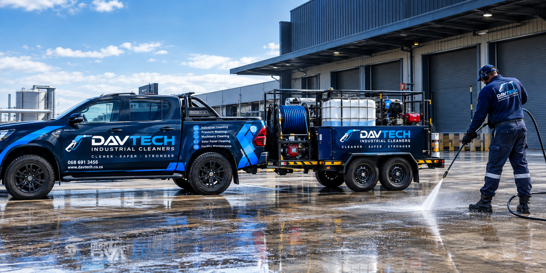 Davtech branded pressure washing vehicle and equipment trailer outside an industrial facility